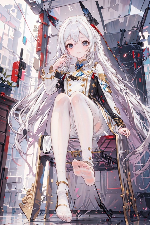  foot focus, 1girl, no shoes, solo, feet, soles, long hair,  looking at viewer, black eyes, sitting, long sleeves, toes, bangs, foreshortening, hair between eyes, white hair, legs, frills, dress, hand up, thighband pantyhose, full body