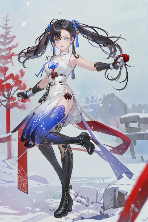 1girl, solo, black hair, dress, blue eyes, chinese clothes, china dress, thighhighs, long hair, twintails, breasts, full body, boots, gloves, gauntlets,  medium breasts，Practicing boxing in the snow background
