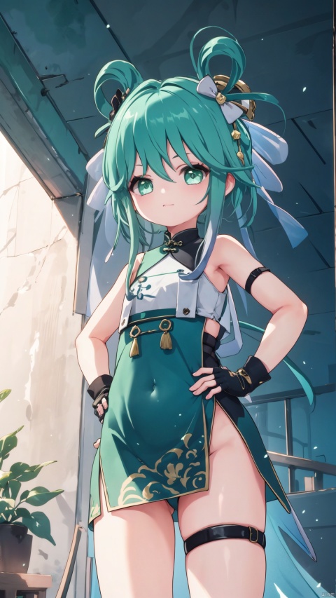 1girl, solo, green hair, green eyes, looking at viewer, gloves,  holding, chinese clothes, dress, hand on hip, hair ornament, fingerless gloves, thigh strap