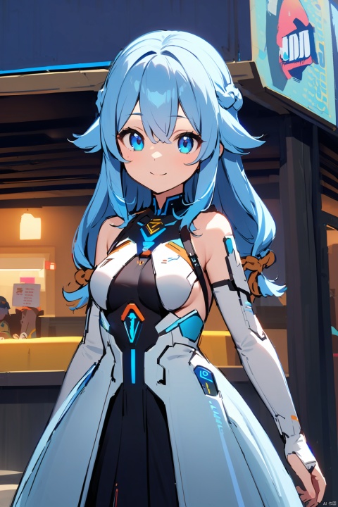  A girl with long blue hair, a Fried Dough Twists knot, blue eyes, wearing clothes of future technology, a smile on her face, no glasses, a big sister, or a policeman
