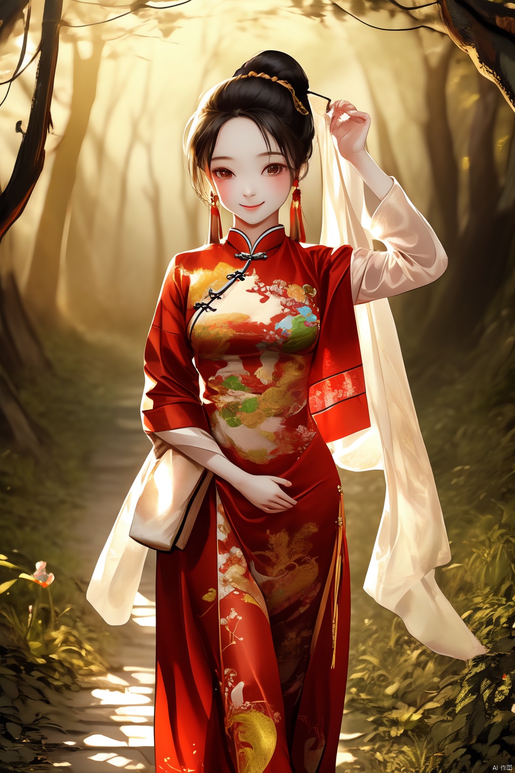 A Chinese girl was walking on a path in the woods, with light shining on her face and a smile imprinted on her face. The girl was facing me and turned her head to look at me with a loving gaze. She was wearing ancient clothes and was stroking her hair with her hands