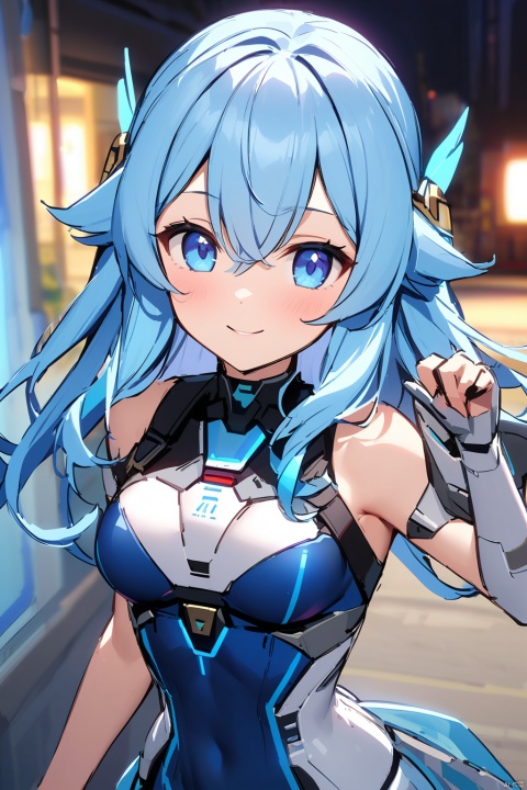 A girl with long blue hair, a Fried Dough Twists knot, blue eyes, wearing clothes of future technology, a smile on her face, no glasses, a big sister, or a policeman，loslyn
