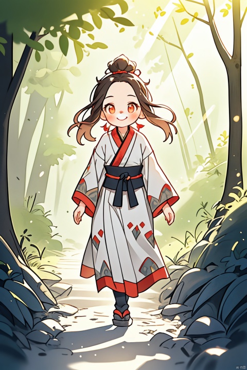 A girl walking on a path in the woods, light shining on her face, a smile imprinted on her face, the girl turning back to look at me, with colors full of love. She was wearing ancient clothing
