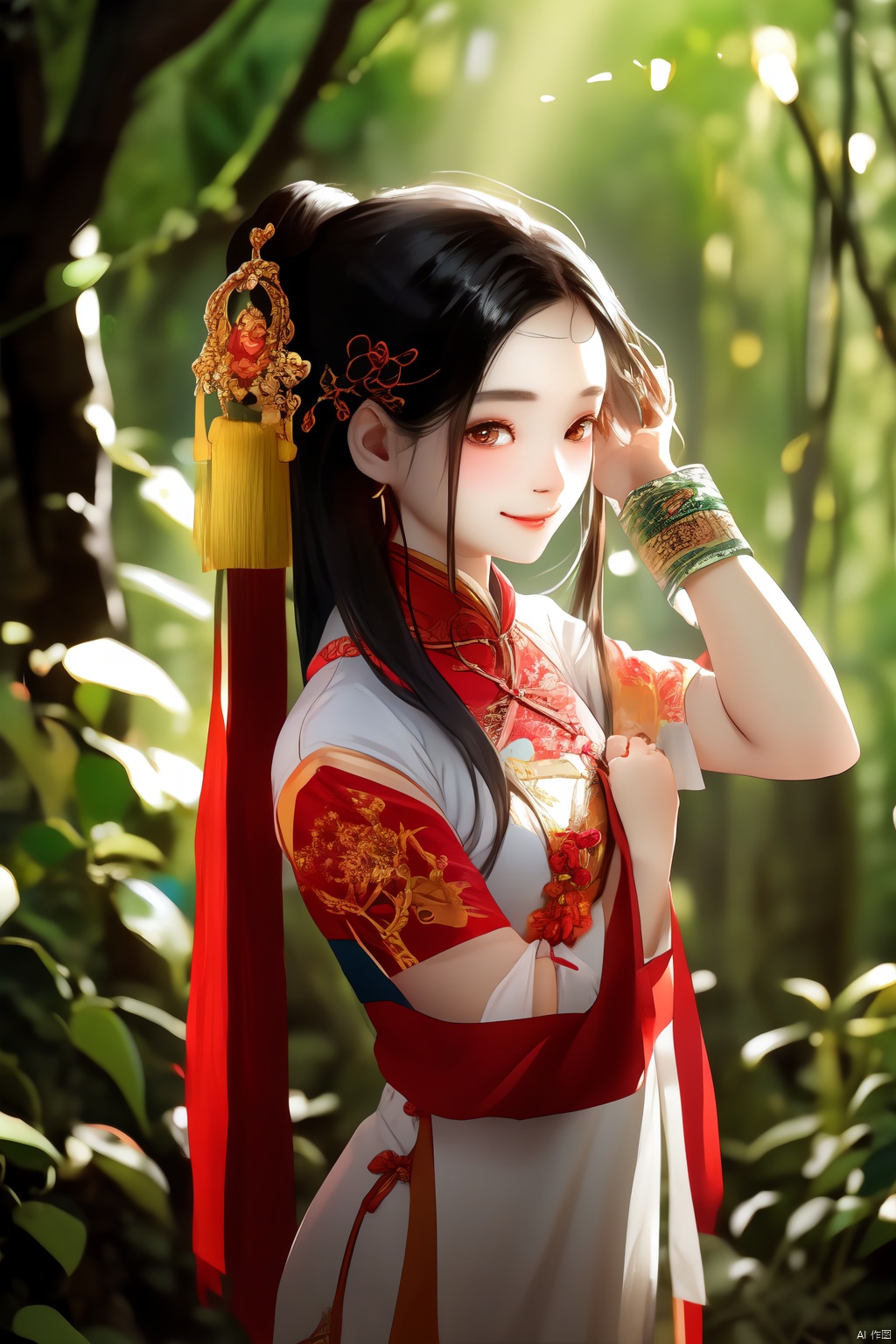 A Chinese girl was walking on a path in the woods, with light shining on her face and a smile imprinted on her face. The girl was facing me and turned her head to look at me with a loving gaze. She was wearing ancient clothes and was stroking her hair with her hands