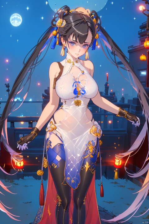 (yulan1*1.2), 1girl, night, solo, thighhighs, gloves, standing, night_sky, sky, dress, chinese clothes, china dress, crossed arms, breasts, looking at viewer, full body, bare shoulders, jewelry,elbow gloves, starry sky, shadow
