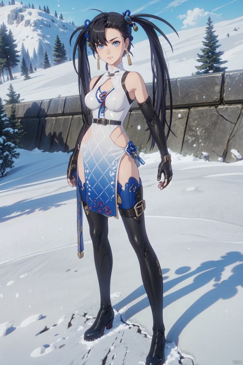 1girl, solo, black hair, dress, blue eyes, chinese clothes, china dress, thighhighs, long hair, twintails, breasts, full body, boots, gloves, gauntlets, medium breasts，Compete with people in the snow and pose for combat