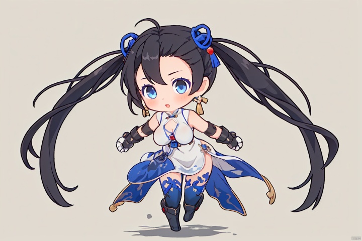 1girl, solo, black hair, dress, blue eyes, chinese clothes, china dress, thighhighs, long hair, twintails, breasts, full body, boots, gloves, gauntlets,  medium breasts