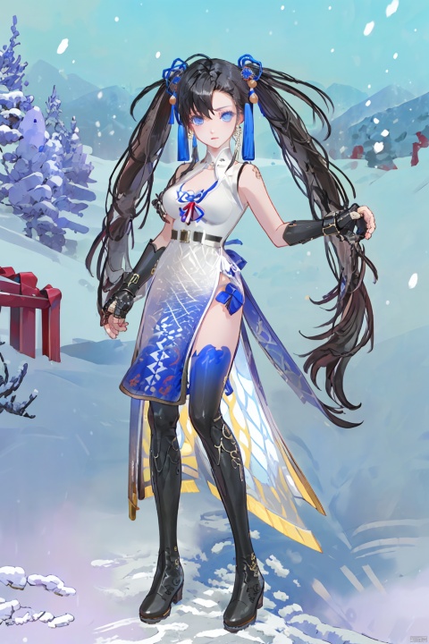 1girl, solo, black hair, dress, blue eyes, chinese clothes, china dress, thighhighs, long hair, twintails, breasts, full body, boots, gloves, gauntlets,  medium breasts，Practicing boxing in the snow background