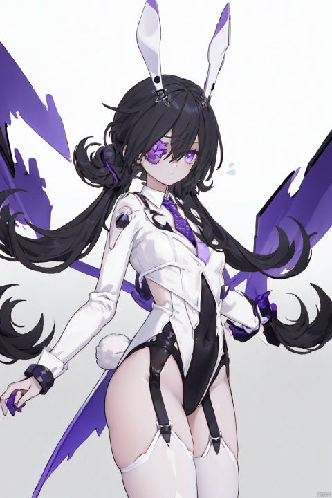 1girl, solo, purple eyes, animal ears, rabbit ears, black  necktie, purple necktie, black hair,  right eyepatch,  looking at viewer, garter straps, hair between eyes, thighhighs, long sleeves, closed mouth, leotard, white leotard，wumiXF
