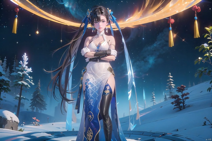 (yulan1*1.2), 1girl, night, solo, thighhighs, gloves, standing, night_sky, sky, dress, chinese clothes, china dress, crossed arms, breasts, looking at viewer, full body, bare shoulders, jewelry,elbow gloves, starry sky, shadow