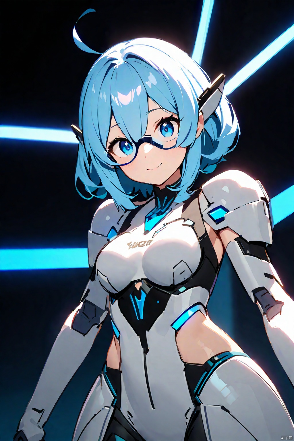 A girl with blue hair, blue glasses, dressed in futuristic technology clothes, with a smile on her face, not wearing glasses. Is she a big sister or a righteous big sister with a strong sense of justice
