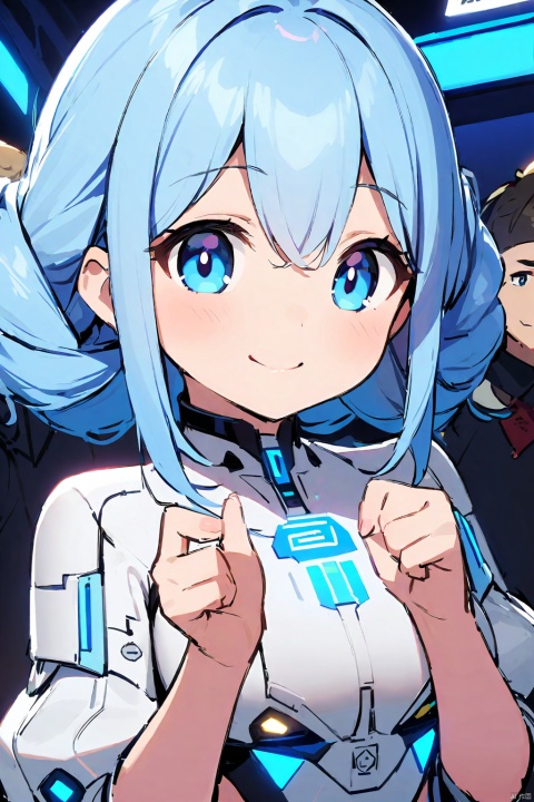 A girl with long blue hair, a Fried Dough Twists knot, blue eyes, wearing clothes of future technology, a smile on her face, no glasses, a big sister, or a policeman
