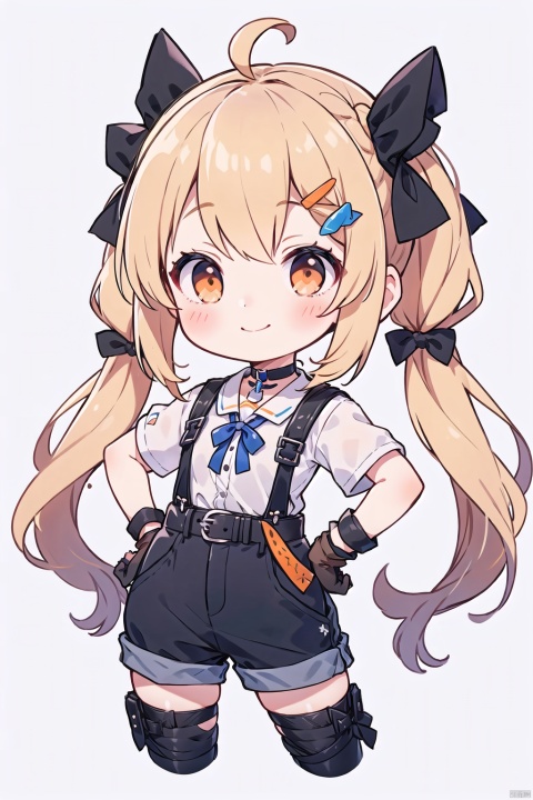  1girl, solo, long hair, looking at viewer, smile, bangs, blonde hair, simple background, shirt, hair ornament, gloves, bow, twintails, brown eyes, closed mouth, white shirt, ahoge, short sleeves, hair bow, cowboy shot, choker, black gloves, belt, virtual youtuber, fingerless gloves, orange eyes, hand on hip, low twintails, black choker, bandaid, overalls
