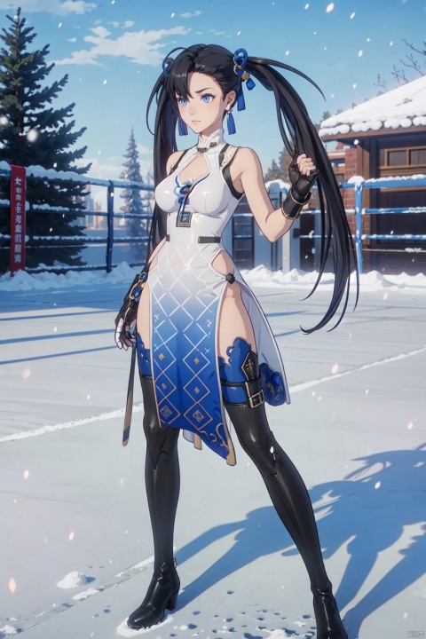 1girl, solo, black hair, dress, blue eyes, chinese clothes, china dress, thighhighs, long hair, twintails, breasts, full body, boots, gloves, gauntlets, medium breasts，Practicing boxing in the snow background