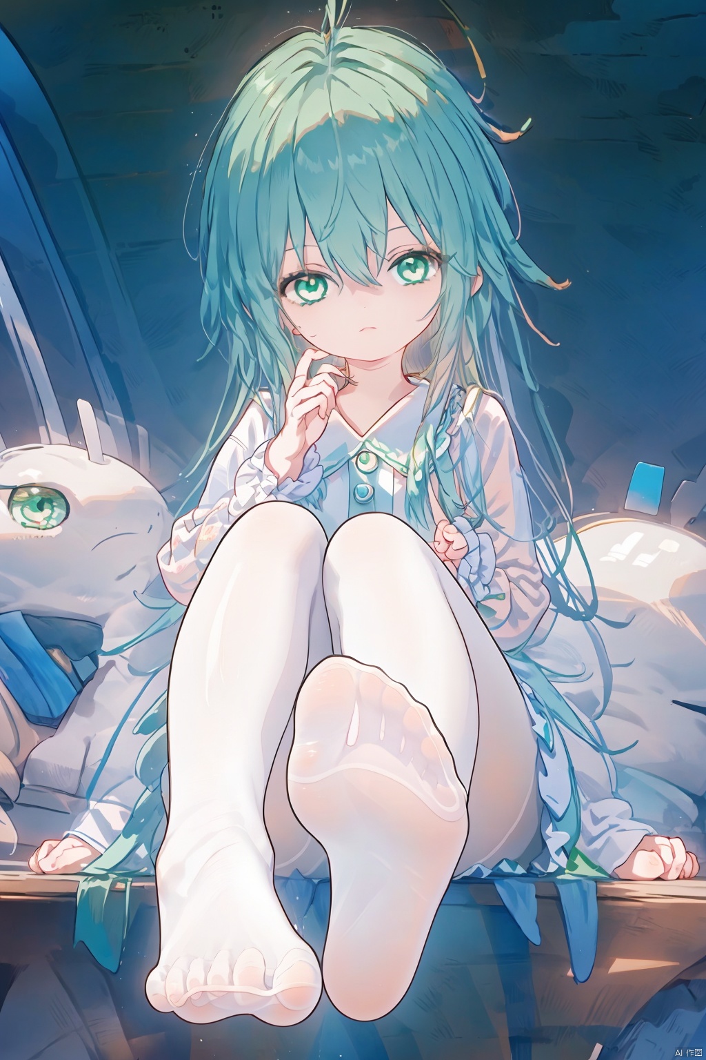  foot focus, 1girl, no shoes, solo, feet, pantyhose, soles, long hair, white pantyhose, looking at viewer, green eyes, sitting, long sleeves, toes, bangs, foreshortening, hair between eyes, legs, frills, dress, hand up, 
pantyhose, full body,green hair