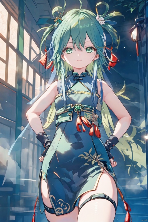 1girl, solo, green hair, green eyes, looking at viewer, gloves,  holding, chinese clothes, dress, hand on hip, hair ornament, fingerless gloves, thigh strap