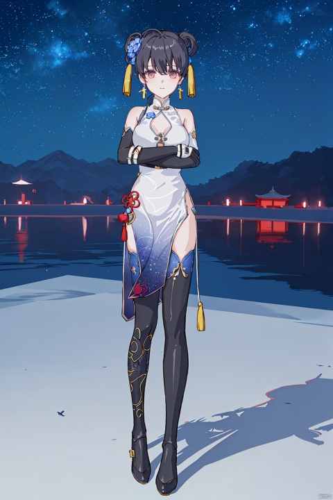 (yulan1*1.2), 1girl, night, solo, thighhighs, gloves, standing, night_sky, sky, dress, chinese clothes, china dress, crossed arms, breasts, looking at viewer, full body, bare shoulders, jewelry,elbow gloves, starry sky, shadow
