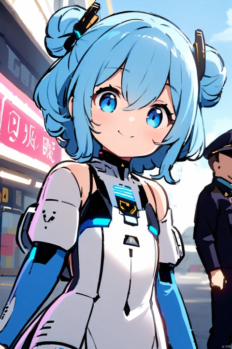 A girl with long blue hair, a Fried Dough Twists knot, blue eyes, wearing clothes of future technology, a smile on her face, no glasses, a big sister, or a policeman
