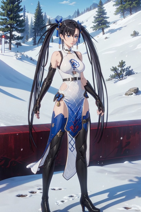 1girl, solo, black hair, dress, blue eyes, chinese clothes, china dress, thighhighs, long hair, twintails, breasts, full body, boots, gloves, gauntlets, medium breasts，On the snow, Practice Kung Fu
