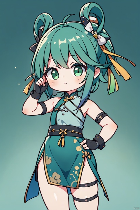  1girl, solo, green hair, green eyes, looking at viewer, gloves, holding, chinese clothes, dress, hand on hip, hair ornament, fingerless gloves, thigh strap