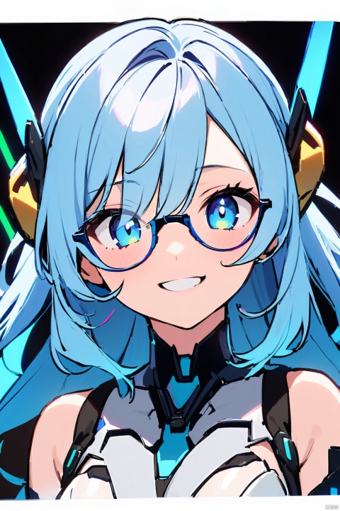 A girl with blue hair, blue glasses, dressed in futuristic technology clothes,  and a smile on her face

