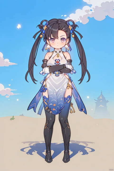 (yulan1*1.2), 1girl,  solo, thighhighs, gloves, standing, , sky, dress, chinese clothes, china dress, crossed arms, breasts, looking at viewer, full body, bare shoulders, jewelry,elbow gloves,  shadow
