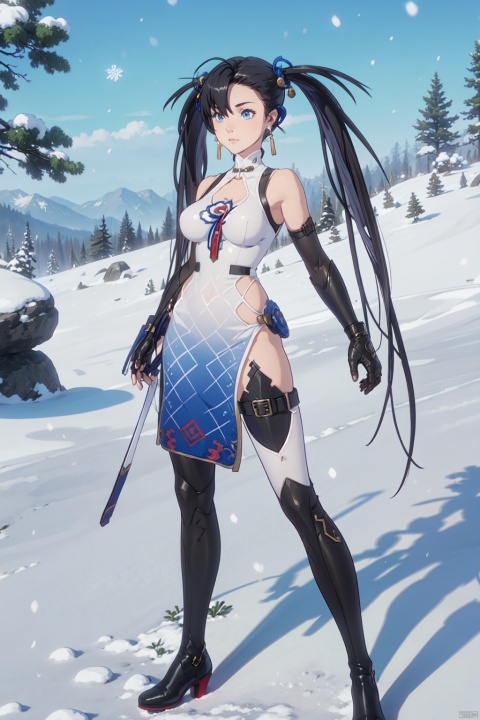 1girl, solo, black hair, dress, blue eyes, chinese clothes, china dress, thighhighs, long hair, twintails, breasts, full body, boots, gloves, gauntlets, medium breasts，On the snow, Practice Kung Fu
