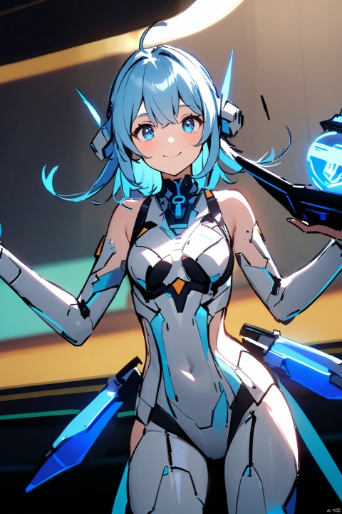 A girl with blue hair, blue glasses, dressed in futuristic technology clothes, holding a ship anchor in her hand, and a smile on her face

