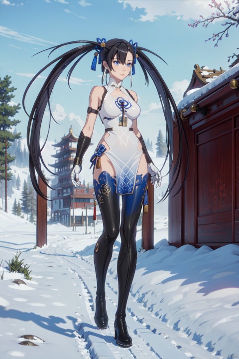 1girl, solo, black hair, dress, blue eyes, chinese clothes, china dress, thighhighs, long hair, twintails, breasts, full body, boots, gloves, gauntlets, medium breasts，On the snow, put on a fighting posture