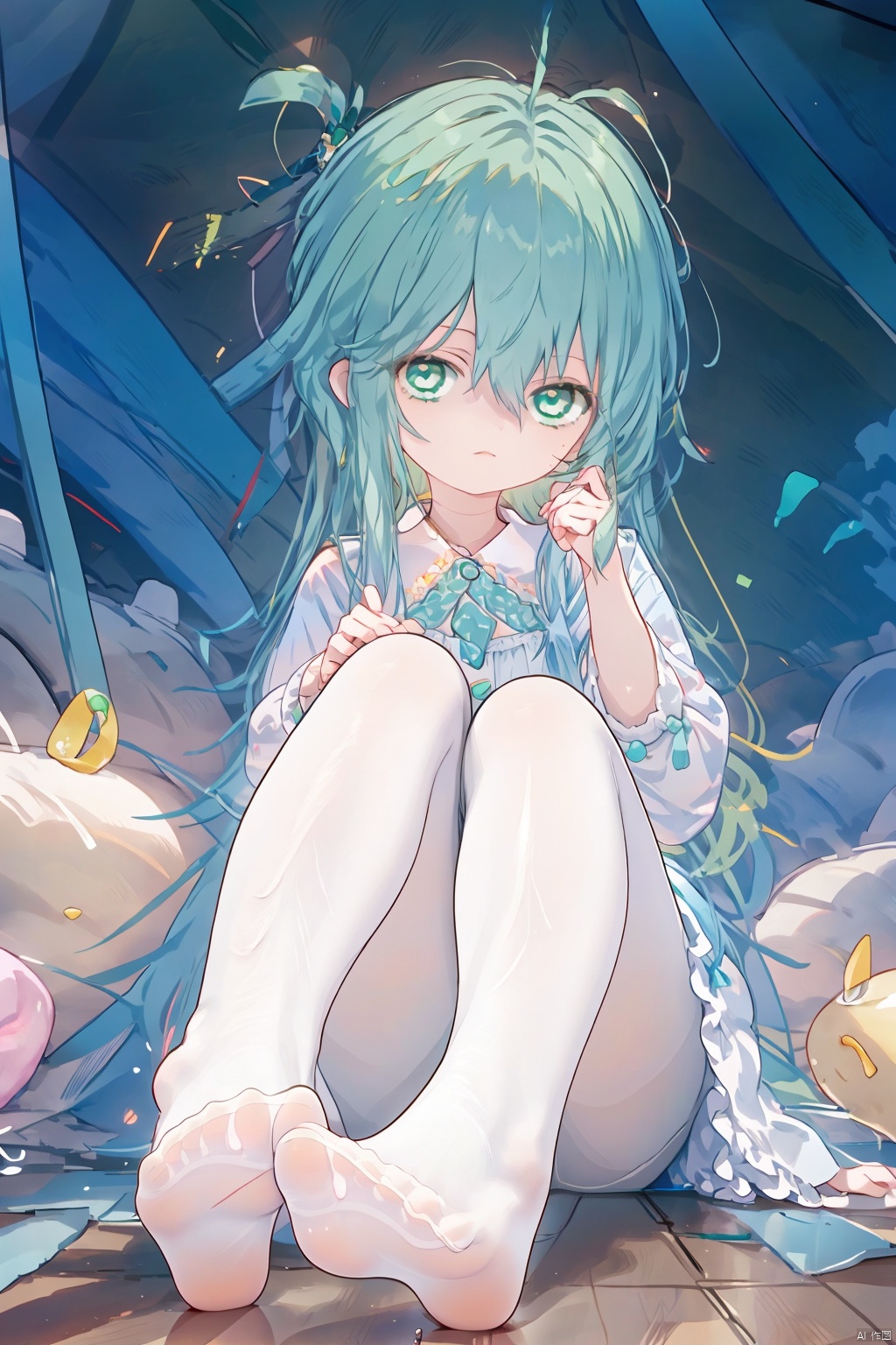  foot focus, 1girl, no shoes, solo, feet, pantyhose, soles, long hair, white pantyhose, looking at viewer, green eyes, sitting, long sleeves, toes, bangs, foreshortening, hair between eyes, legs, frills, dress, hand up, 
pantyhose, full body,green hair