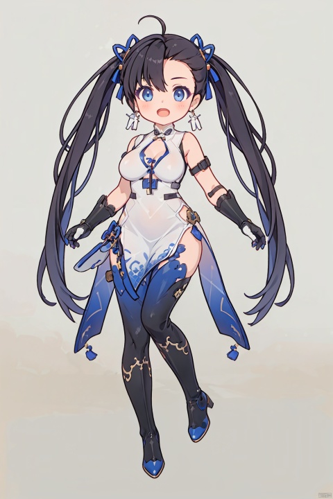 1girl, solo, black hair, dress, blue eyes, chinese clothes, china dress, thighhighs, long hair, twintails, breasts, full body, boots, gloves, gauntlets, open mouth, medium breasts