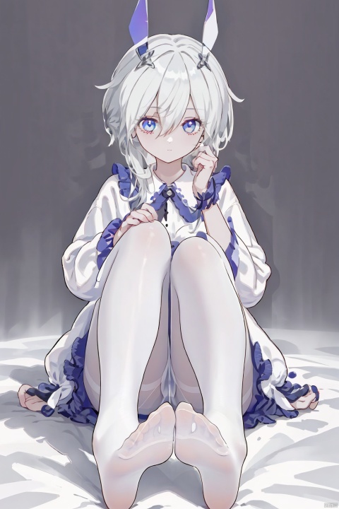  foot focus, 1girl, no shoes, solo, feet, pantyhose, soles, long hair, white pantyhose, looking at viewer, blue eyes, sitting, long sleeves, toes, bangs, foreshortening, hair between eyes, white hair, legs, frills, dress, hand up, thighband pantyhose, full body