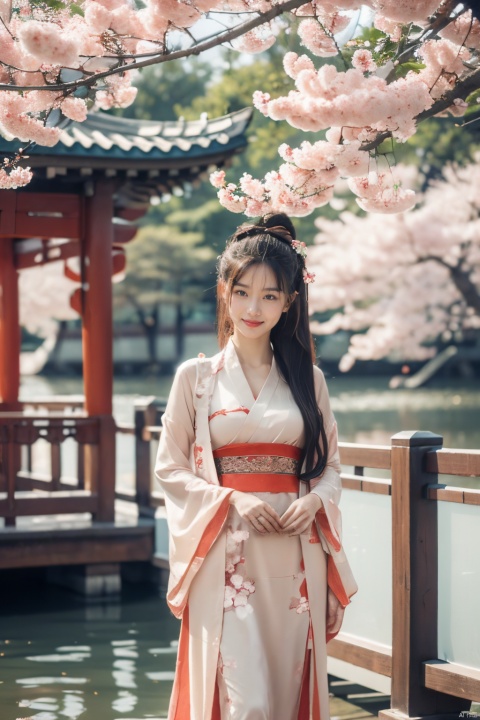  1girl, hanfu,medium chest,standing,Cherry blossoms, lake, Chinese pavilion