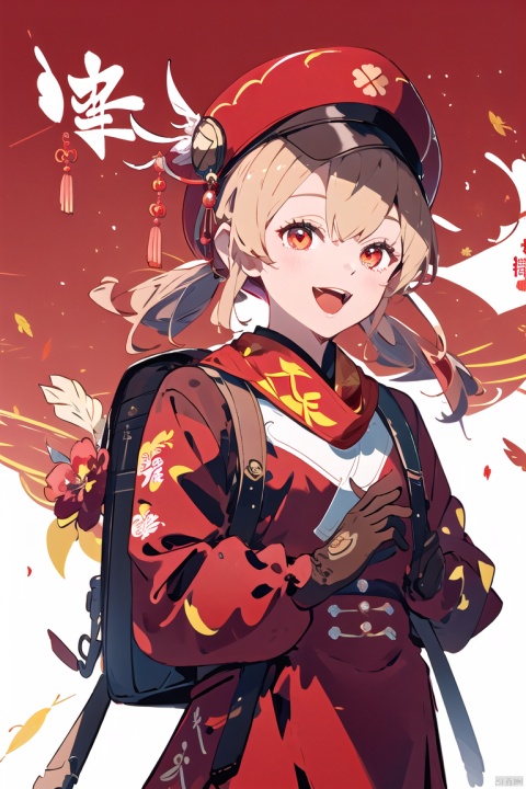  mika_pikazo,artist:mika_pikazo, (\ke li\),Four leaf grass printing, 1girl,  solo, looking at viewer, smile, gloves, bangs, long sleeves, low twintails, coat, scarf, sidelocks, brown gloves, hat feather, backpack, open mouth, red headwear,red background,red chinese dragon, chinese dragon,chinese new year, klee-ex, klee (genshin impact)