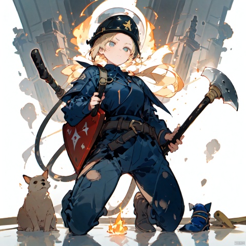  nai3 style, nai3style,1girl, firefighter, joan_of_arc, foolish_yet_kind, motherly_figure, full_body_armor, helmet, axe, hose, firefighting_equipment, brave_smile, muscular_build, protective_gear, soot_stained, ash_covered, determined_expression, holding_helmet, fire_truck_background, flames_reflection, heroic_pose, female_hero, strong_woman, gentle_eyes, practical_outfit, working_boots, tool_belt, ashen_complexion, scarred_forehead, inspiring_presence, smoke_filled_air, brave_soul, fire_rescue_dog_companion