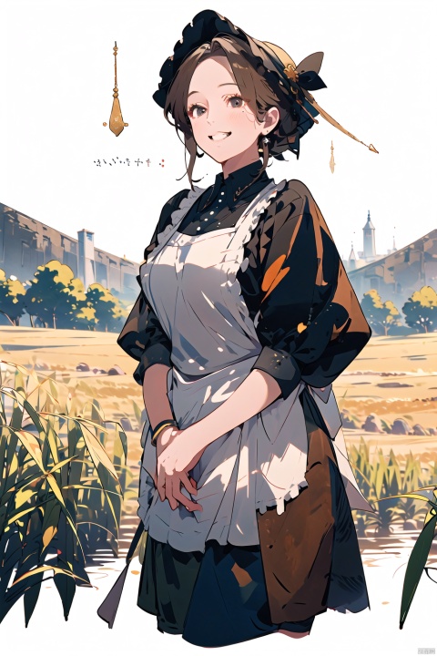  nai3 style, nai3style,1 milf,solo,Medieval_peasant_woman, simple_clothes, apron, bonnet, kind_face, foolish_grin, robust_figure, motherly_appearance, working_hands, hay_background, farm_tools, wheat_sheaf, countryside_scene, gentle_smile, naive_expression, caring_posture, rolled_up_sleeves, dirt_smudged_cheeks, wholesome_charm, rustic_beauty, fertility_symbol, historical_costume, agricultural_setting