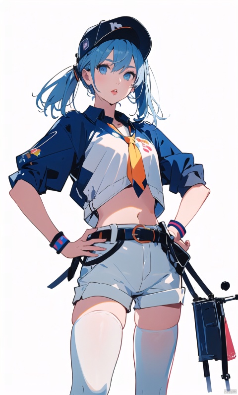  mika_pikazo,artist:mika_pikazo, (best quality), ((masterpiece)), (highres), illustration, original, extremely detailed,1girl, solo, hat, shorts, blue eyes, blue hair, whistle, thighhighs, wristband, baseball cap, navel, long hair, midriff, short shorts, belt, shirt, hand on hip, lips, white shorts, white background, blue thighhighs, looking at viewer, tied shirt, simple background, bsx