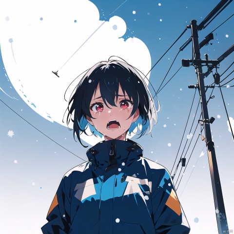  mika_pikazo,artist:mika_pikazo, 1girl, solo, looking at viewer, short hair, open mouth, bangs, black hair, red eyes, jacket, upper body, outdoors, sky, teeth, tears, floating hair, looking down, from below, crying, breath, snow, crying with eyes open, blue theme, wide-eyed, power lines, utility pole