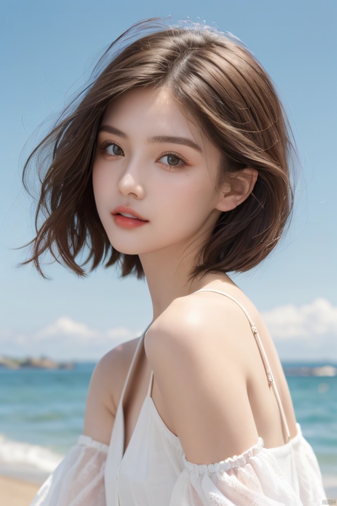  A young Ukrainian woman, looking back, reveals clean ears, melon seed face, white clothes, shoulders exposed 0.005, small chest, above the chest, short hair, bust, fair skin color, sweet appearance, seaside, summer, blue sky background, front natural light.brown hair