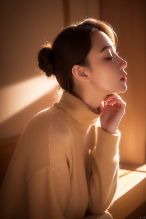  A girl from Europe and America, eyes closed,looking up ,slightly raised, with a profile, short brown hair, a high necked brown sweater, central composition, solid background, and spotlight,sleeping