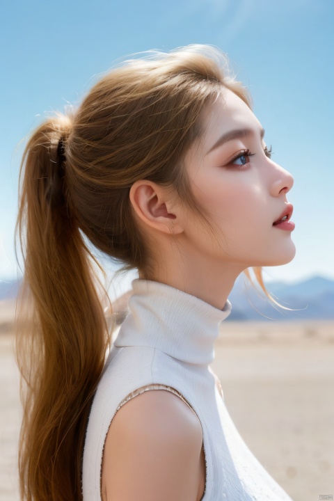  1 girl, solo, profile, black ponytail, white vest, bright desert blue sky background,