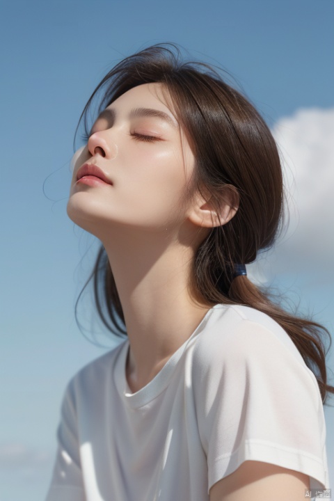 1 girl, European and American face, 70 degree face, looking up ,eyes closed,0.03, revealing ears, brown hair,, white short sleeved shirt,, blue sky background,light cloud, Purity Portait