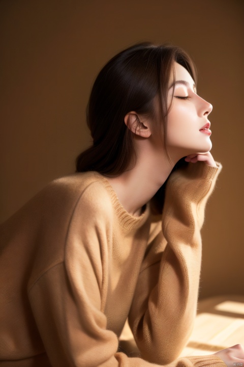  A girl from Europe and America, eyes closed,looking up ,slightly raised, with a profile, short brown hair, a high necked brown sweater, central composition, solid background, and spotlight,sleeping