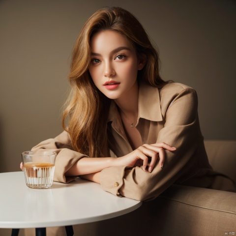 Commercial photography, a young American female celebrity with fair skin, youthful appearance, beige clothes, sitting on a sofa with a clean round table next to her, left and right composition, coffee colored clean background, perfect facial features, 4k image quality, and far view photography,