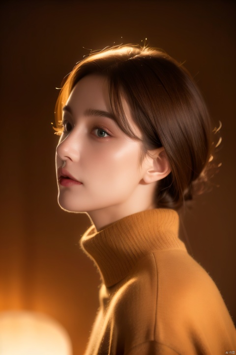  A girl from Europe and America, slightly raised, with a profile, short brown hair, a high necked brown sweater, central composition, solid background, and spotlight