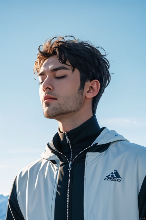  1 male, 30yo, European face, 70 ° face, curly hair: 0.9, head up, black sports jacket, outdoor mountain range with blue sky background, snowy mountains, eyes closed, filmgirls, AgainMaleA1