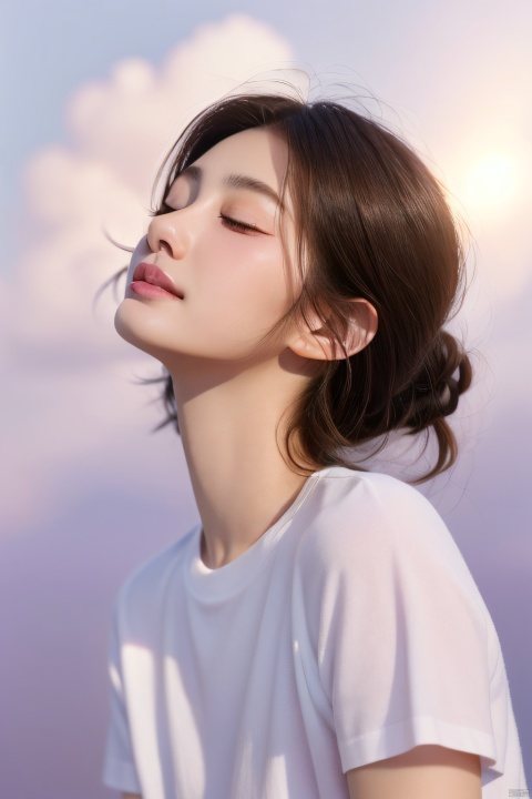  1 girl, European and American face, 70 degree face, （looking up：0.1） ,eyes closed,0.03, revealing ears, brown hair,, white short sleeved shirt,, Purple and white gradient background,light cloud, Purity Portait