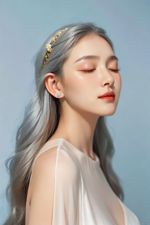  1 gril, solo, , European and American face,eyes closed,Sideways, silver gray hair,Show ears, depth of field,A white dress,,Light white background