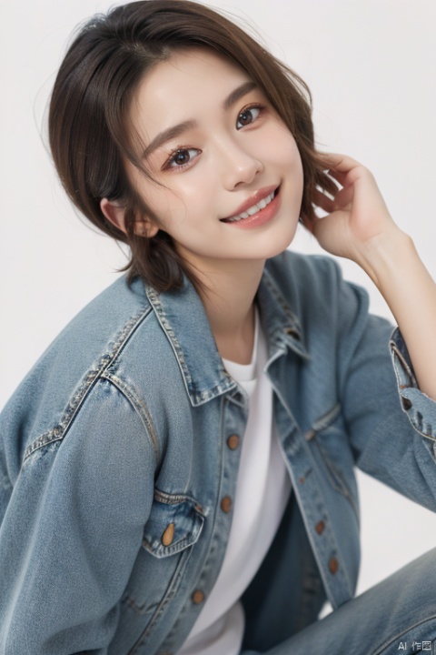  1 girl, European and American face, Side face, , （clean ears：1.2） brown hair, Medium short hair,denim shirt, white background,（With a smile：0.2）,远景