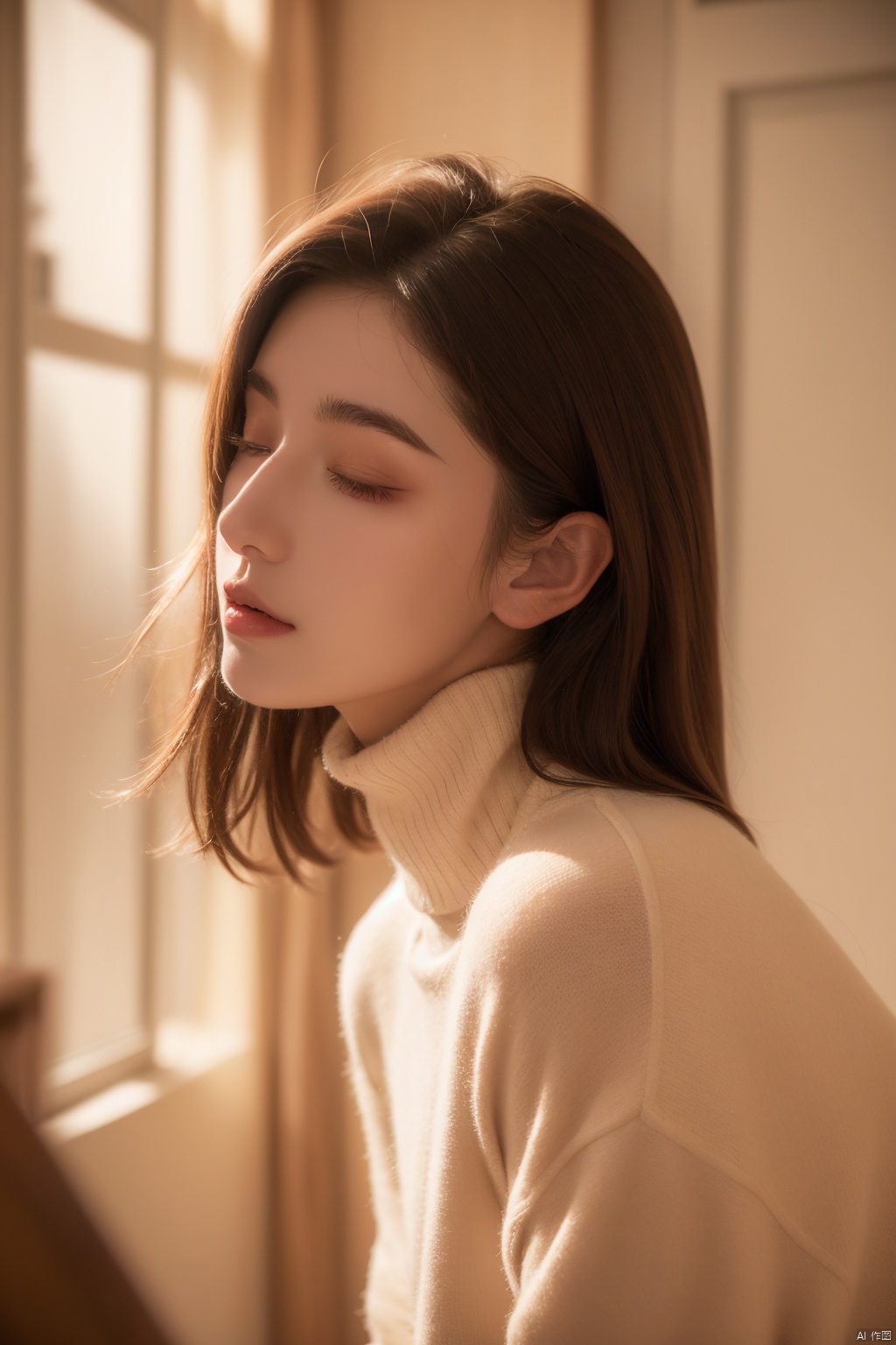  A girl ,23 yo,from Europe and America, with a side face, short brown hair, exposed ears, a high necked sweater, eyes closed, central composition, light